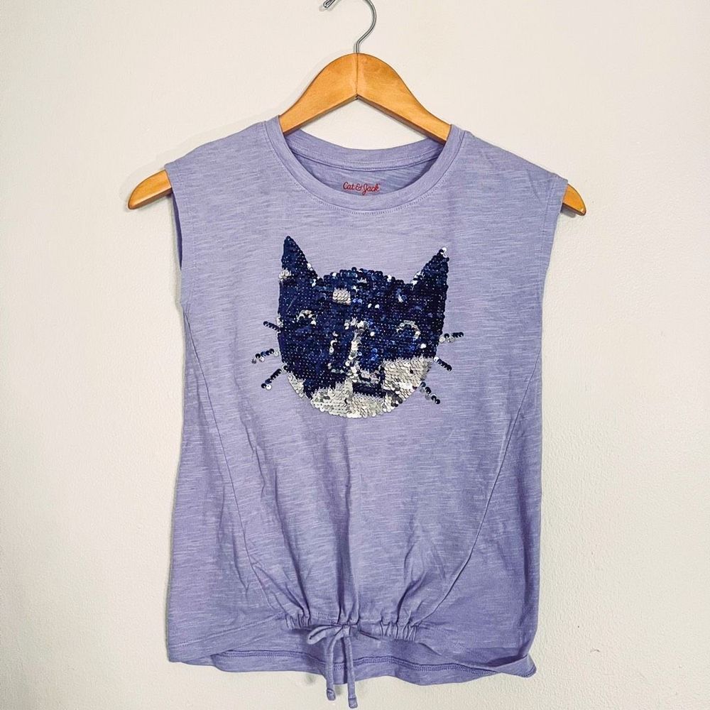 Cat & Jack Girls Sleeveless Sequined Cat T-Shirt Size M(7/8) Purple